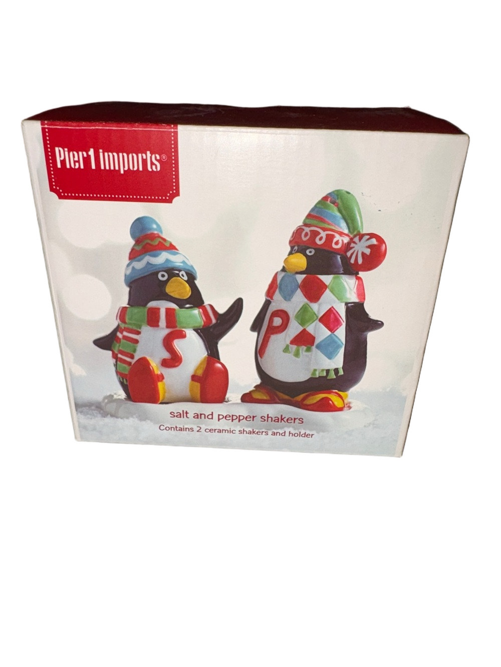 NIB Pier 1 Imports Holiday Penguins Ceramic Salt & Pepper Shakers with Base Set